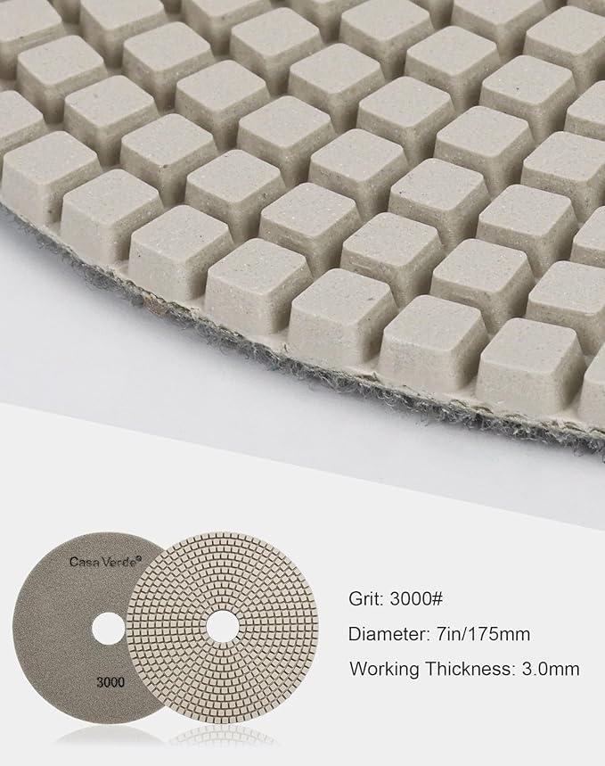 Casaverde 7" Stone Diamond Polishing Pads Grit 3000 for Concrete Marble Quartz Stone Countertop Granite Polish