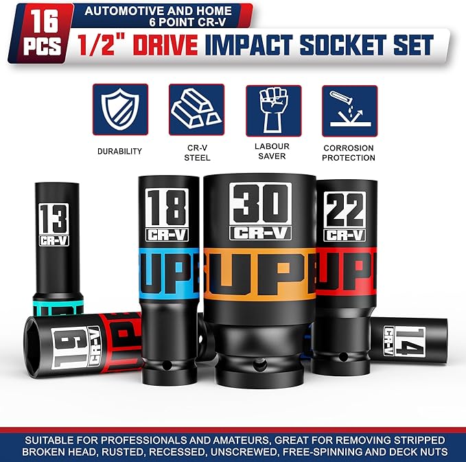 16 Piece 1/2" Drive Impact Socket Set, 10-32 mm Thicker Deep Sockets, Metric Socket Set, 6-Point, Cr-V, Automotive and Home