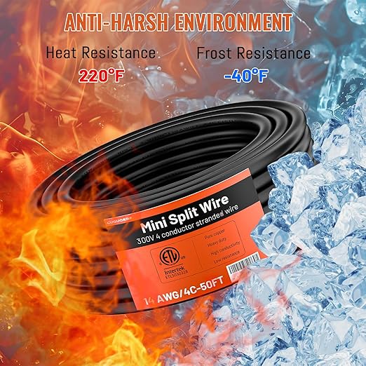 100% Pure Copper ETL Listed 14-4 Mini Split Cable | 14/4 Mini Split Communication Wire 50ft 300V Indoor/Outdoor for HVAC, Air Conditioner, Heat Pump & Speaker Systems