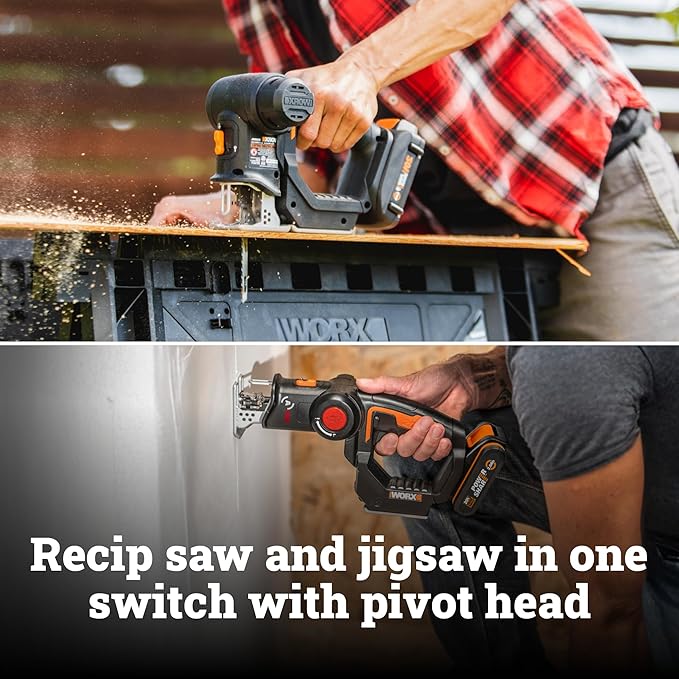 WORX Cordless Reciprocating Saw&Jigsaw, 20V ¾" 2-in-1 Saw, ¾" Stroke Length, 2-in-1 functions, 4 Blades for Different Materials, Compact&Lightweight Design, Battery and Charger Included, PowerShare