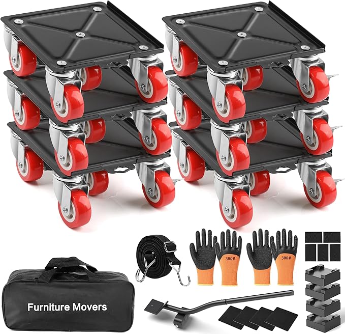 6 Packs Heavy Duty Furniture Dolly with 5 Wheels Rubber Silent Furniture Lift, 4000lbs Load Capacity, Furniture Mover Set Made of Premium Carbon Steel