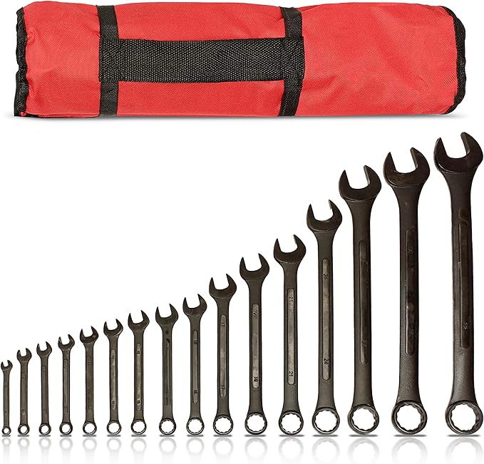 ABN Combination Wrench Set ??16 Pc Raised Panel Metric Wrench Set with Wrench Roll Up Pouch, Black Spanner Wrench Set