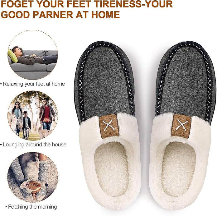 Homitem Mens Slippers Moccasins Memory Foam Fuzzy Slippers for Men Wool-Like Plush Fleece Lined House Shoes Indoor Outdoor Anti-Skid Rubber Sole Home Bedroom