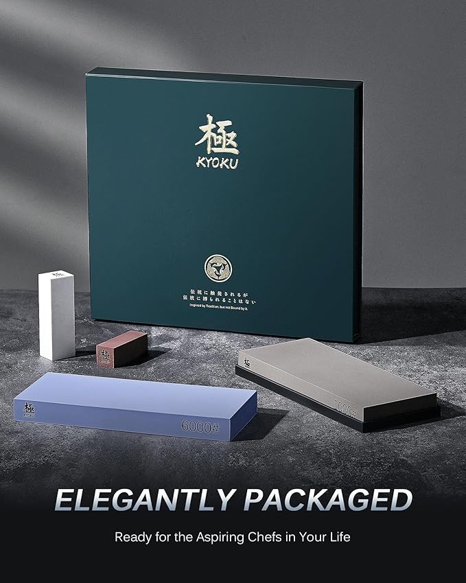 KYOKU Sharpening Stone Whetstone Kit, Knife Sharpening Set with 1000 & 6000 Grit Knife Sharpener Stones, Professional Japanese Whetstone Bundle with Nonslip Rubber Mat Rust Remover Flattening Stone