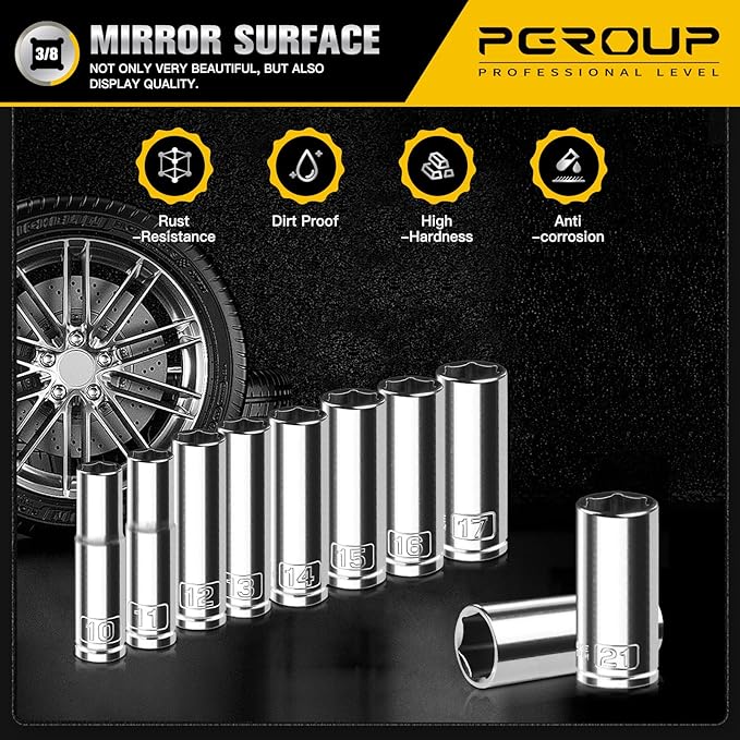 10PCS 3/8??Drive Deep Socket Set, Metric(10mm-21mm), 6-Point, Cr-V Steel, Chrome Plated Socket With Hanging Bracket, Cover Most Commonly Sizes