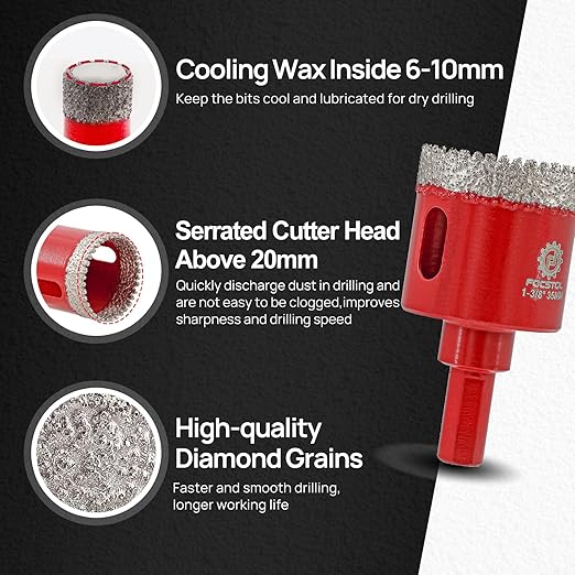 FOCSTOL Diamond Core Drill Bit Set - 7pcs (6/8/10/20/35mm+35mm Beveling Chamfer Bit+6mm Carbide Drill Bit) Diamond Hole Saw Kit for Porcelain Ceramic Tile Marble Granite