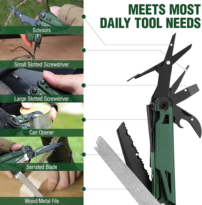 FLISSA Multitool, 15-in-1 Multi Tool Pocket Knife with Sheath, Stainless Steel EDC Multitool Pliers for Men, All-in-One Tools for Camping, Fishing, Survival ??Ideal Christmas Gift for Man