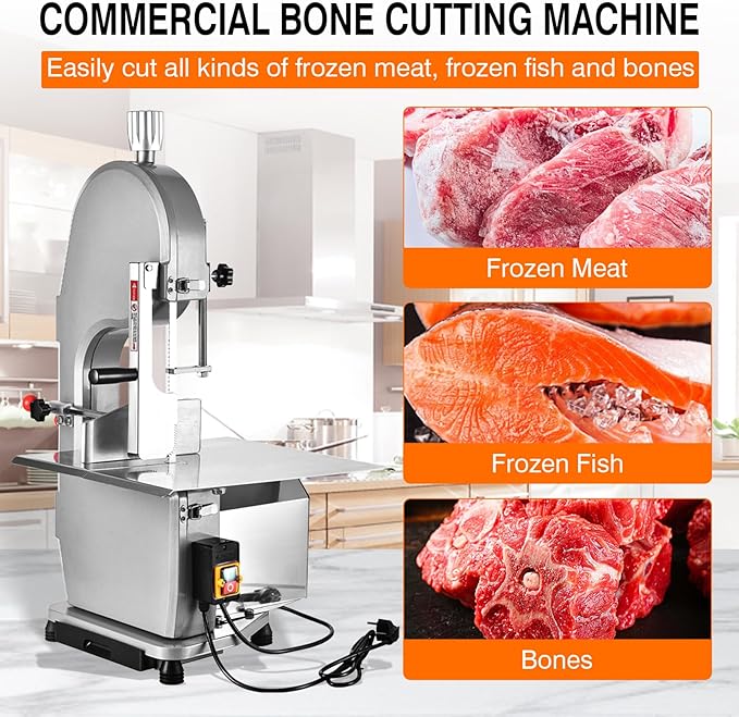 750W Commercial Electric Meat Bandsaw 110V Electric Bone Saw Machine, Thickness Range 0.16-4.3 Inch, Table Sawing for Cutting Rib, Frozen Meat with 5 Saw Blades and 18.1" x 12.4" Workbench