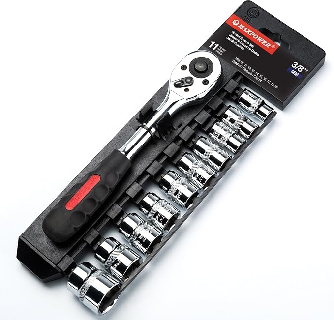 MAXPOWER 11-Piece 3/8" Ratcheting Socket Wrench Set Quick Release Reversible Ratchet Handle and Swappable Spanners Sockets with Hanging Rack