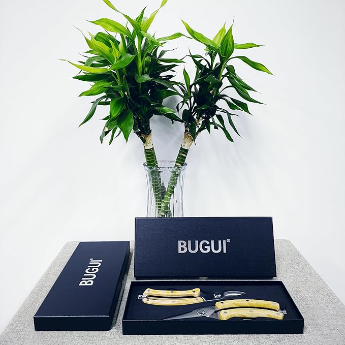 BUGUI 8??Wood Handle Garden Scissors, Set of 2, Includes Bypass Pruning Shears and Long Straight Tip Clippers, Premium Gardening Tools with Precision-Ground SK-5 Steel Blade