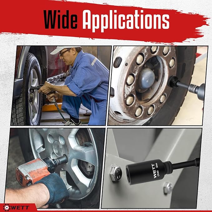 WETT 1/2" Drive Deep Large Impact Socket Set, 11-Piece Spindle Axle Nut Wheel Wrench Sockets Set, Jumbo Metric 6 Point Sockets with 3/4 to 1/2 Adapter, CR-MO, (27mm-38mm)