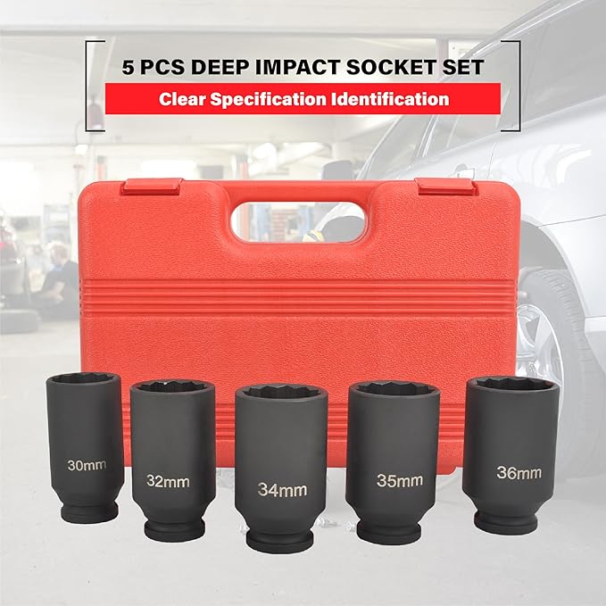 12 Point Deep Impact Socket Set 1/2??Drive 30mm, 32mm, 34mm, 35mm, 36mm, 5Pcs CR-MO Spindle Metric Axle Hub Nut Socket with Heavy Duty Portable Storage Case for Removing & Installing Axle Nuts