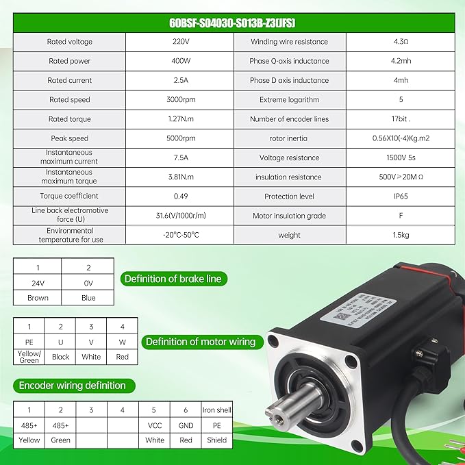 with Brake 400W AC Servo Motor Kit, CNC 220V 2.5A 3000rpm L3000 17-bit Encoder RS485 Servo Motor Driver Controller Kit for CNC Engraver Milling Machine/Robot