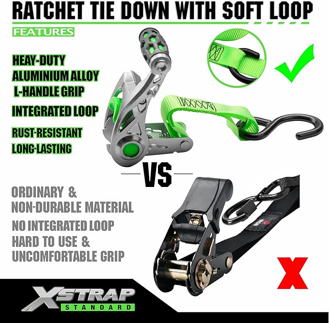 XSTRAP STANDARD 1in x 14ft Ratchet Straps with Ergonomic Aluminium Alloy Handle and Coated S-Hooks - 500 lb. Working Load Limit / 1,500 lb. Breaking Strength - Green, 2PK