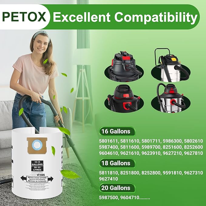 5 Pack Vacuum Bags Replacement for Shop Vac Bags 15-22 Gallon Type G 90663 9066300 Type J 90673 9067300 and VF2008, PETOX High-Efficiency Disposable Vaccum Collection Filter Bags