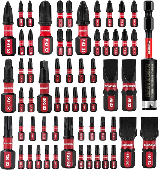 Screwdriver Bit Set with PH1/PH2/PH3/SQ1/SQ2/T20/T25/SL8/SL10 and 1Pcs Impact Bit Holder, 60Pieces Impact Rate Insert Driver Bit Set