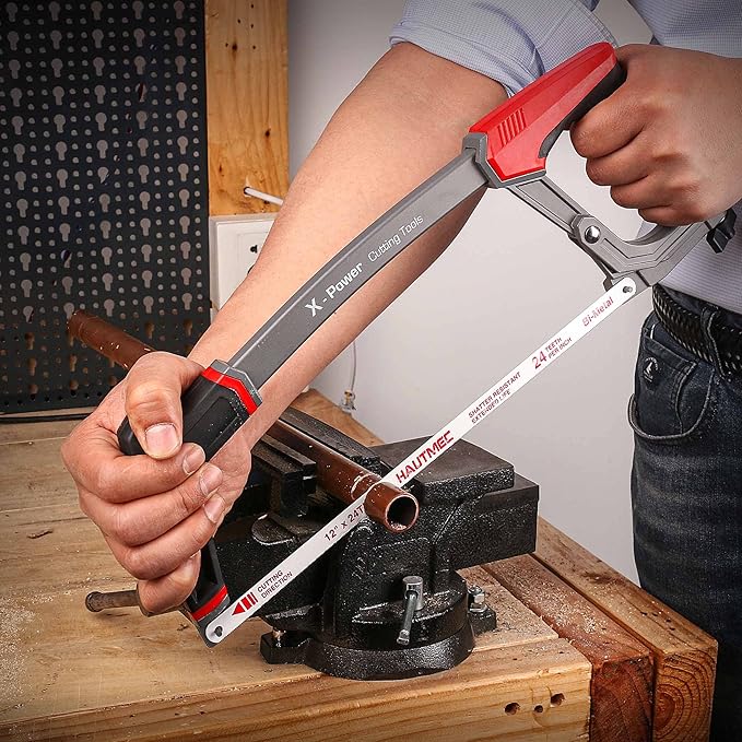 HAUTMEC 12-Inch Heavy Duty Hacksaw with High-Tension Solid Aluminium Frame, 45°/90° Dual Cutting Angles, Quick Blade Change,24 TPI Bi-Metal Blade for Heavy-Duty Cutting – HT0146