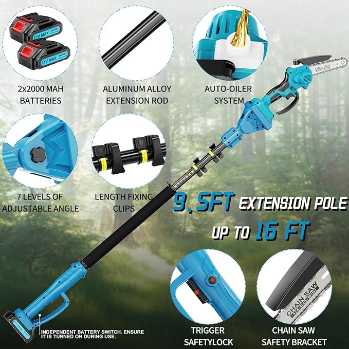 2-in-1Pole Saw竊? Inch Mini Chainsaw Cordless,with Extension Pole,Adjustable 180째 Cutting Angle with 2 Battery, Auto-oil,Pole Saws for Tree Trimming,Ideal Gifts for Men Dad