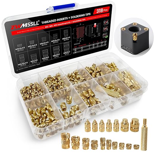 M3M4M5 Threaded Inserts-318 Pcs Assortment Box+8xSoldering Tips for Heat-Set Insert M2M2.5-M6 M8#2-56#4-40#8-32#10-24 1/4", Brass Knurled Nuts for 3D Printing Components and Plastic Parts