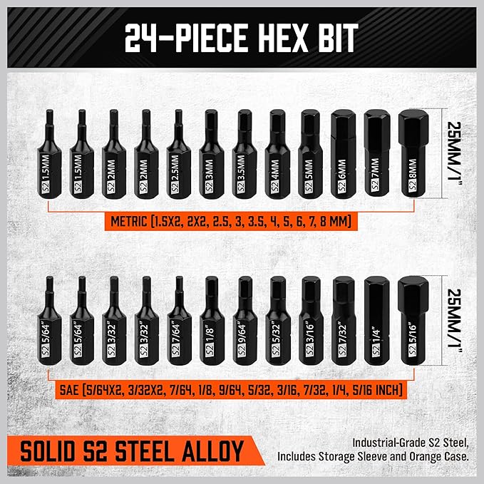 HORUSDY 25-Piece Hex Screwdriver Bit Set | Metric and SAE Hex Bit Set 1/4 inch Ratcheting Magnetic Bit Driver