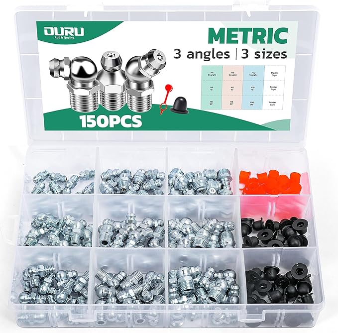 150PCS Grease Fittings Kit, Metric Zerk Grease Fittings Straight 45 90 Degree with Grease Fitting Caps for Grease Gun