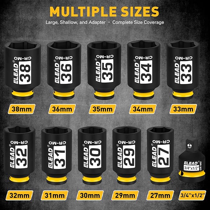 1/2'' Drive Deep Impact Socket Set: 11-Piece Metric Wheel Axle Nut Wrench Large Jumbo 27mm 29mm 30mm 31mm 32mm 33mm 34mm 35mm 36mm 38mm Car Spindle Joint High Torque Truck Bearing Locknut