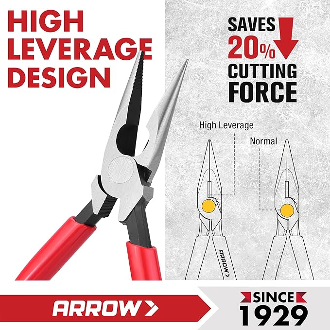 ARROW 6" High Leverage Needle Nose Pliers with Side Cutters, Long Nose Pliers for Gripping, Wire Bending, Cutting