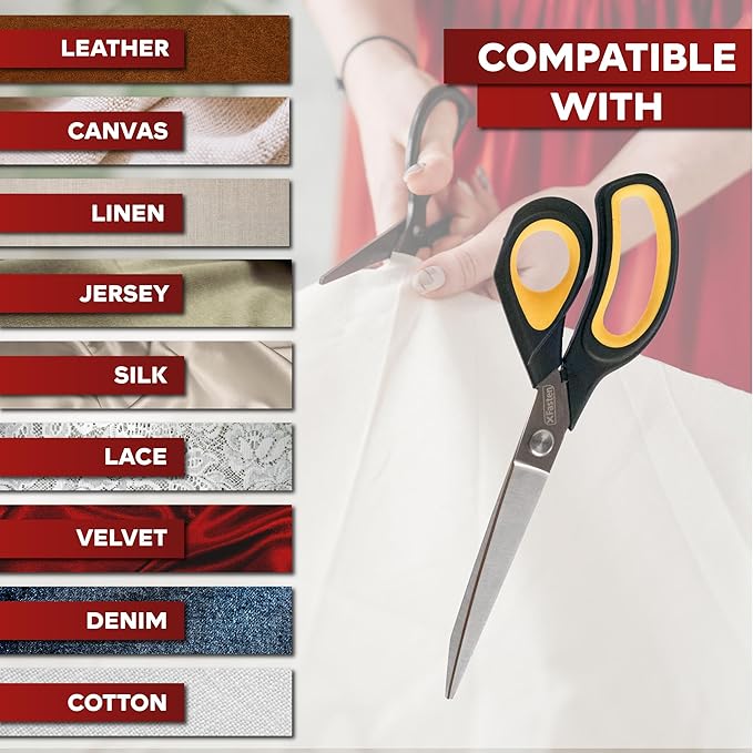 XFasten Sewing Scissors for Fabric Cutting Yellow 9.5 Inch Premium Professional Fabric Scissors Sewing | Large and Heavy duty