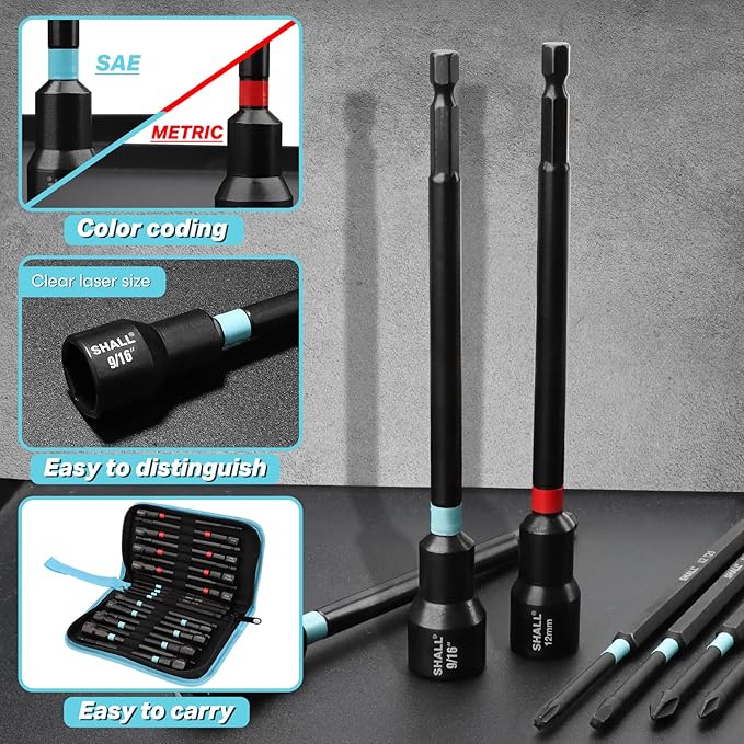 SHALL 20PCS Magnetic Nut Driver Set, 6??Long Nut Drivers for Impact Drill, SAE & Metric 1/4??Hex Shank Nut Driver Bit & Impact Drill Driver Bit w/Power Screwdriver Bits PH1/PH2/SQ2/T20, Storage Bag