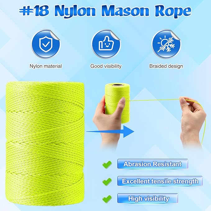 2 Pack #18 500 ft Mason Line String & 10 Pack Built-in Levels, String Level Line Kit for DIY, Gardening Work, Construction Twine Outdoor Projects Layout Brick Working(Fluorescent Yellow)