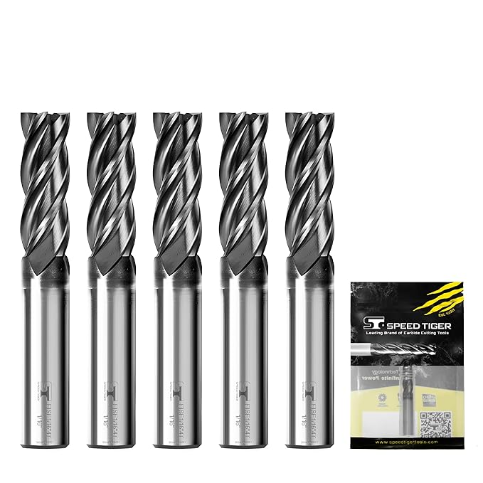 SPEED TIGER EISE 1/16" Carbide Square End Mill - 4 Flutes Milling Bits Set for Alloy Steels, Hardened Steels, Aluminum, Copper, Cast Iron, HRC 50 Deg AlTiN Coating, CNC Router Bits (5pcs)