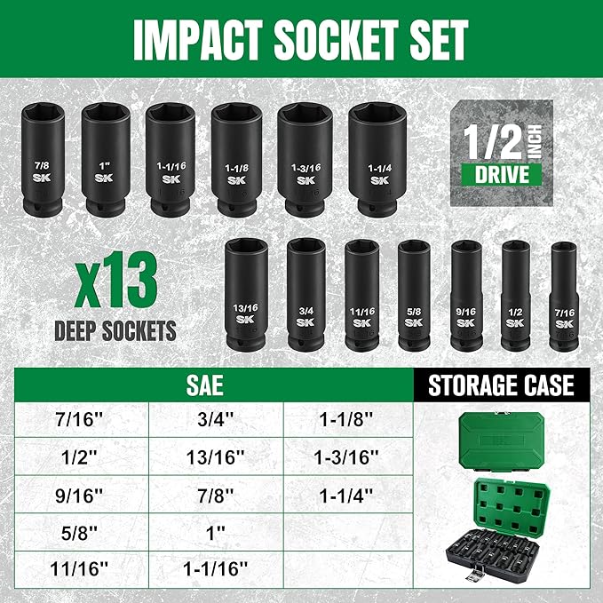 SK 1/2" Drive Impact Socket Set, Deep SAE Sockets, 13-Piece 7/16" to 1-1/4", Premium CR-MO Steel, SureGrip 6 Point Design, With Storage Case
