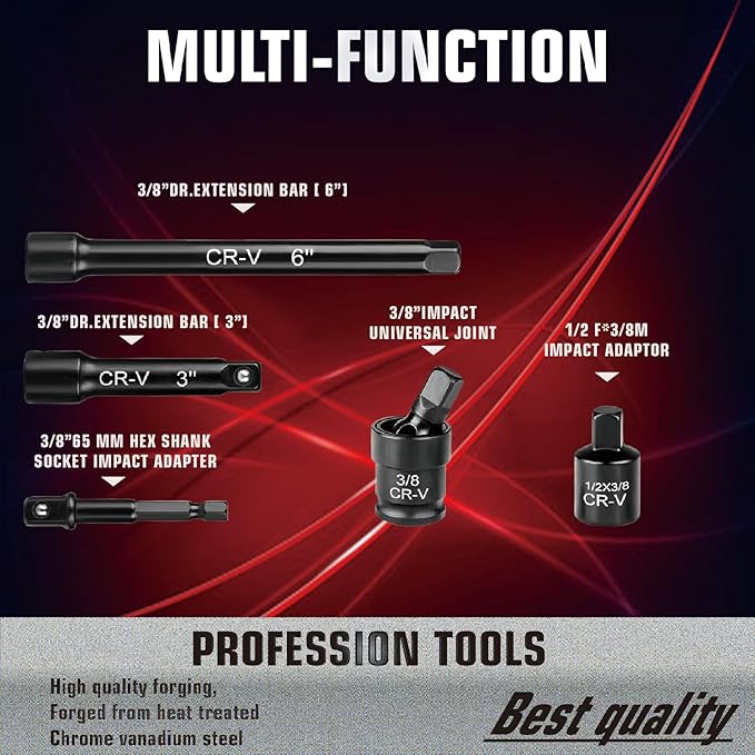 3/8" Drive Impact Socket Set 50-Piece, SAE (5/16-3/4) & Metric (8-22mm), Deep & Shallow with 3/8-Inch Ratchet Handle, 6 Points,Cr-V, Extension Bars, Universal Joint, Gift for Men