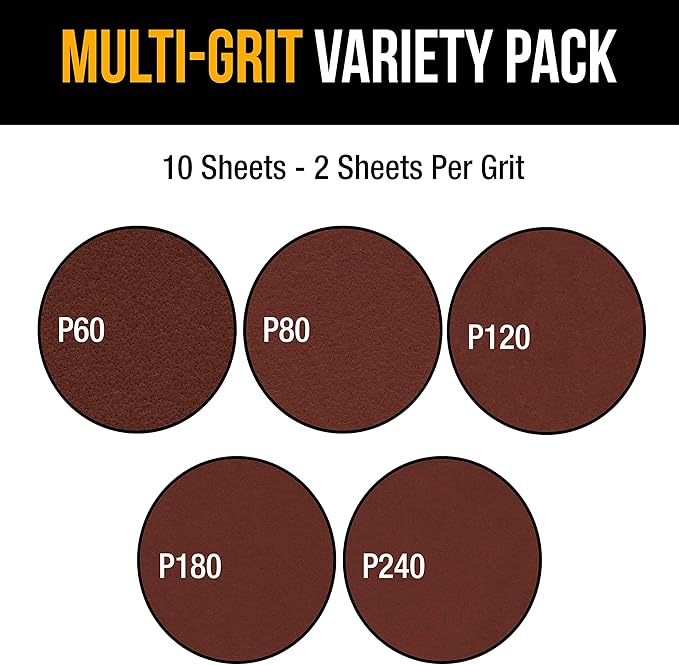Dura-Gold Premium 10" Sanding Discs Variety Pack Box - 60, 80, 120, 180, 240 Grit (2 Discs Each, 10 Total) - Sandpaper Discs with PSA Self Adhesive - Drywall, Floor, Woodworking, Auto For Power Sander
