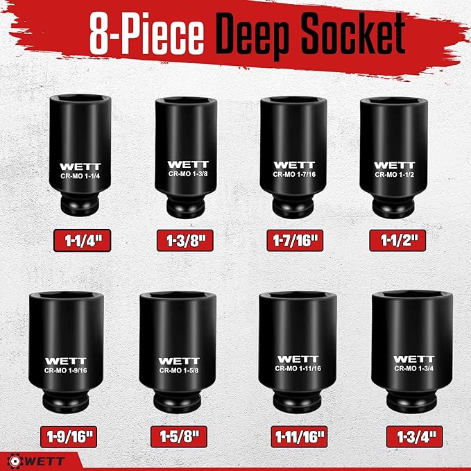 WETT 1/2" Drive Deep Large Impact Socket Set, 8-Piece Spindle Axle Nut Large Sockets Set, Standard SAE 6 Point Wheel Wrench Sockets, CR-MO Steel, (1-1/4-Inch-1-3/4-Inch)