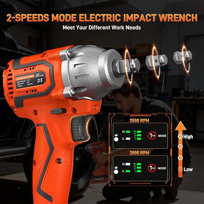 Cordless Impact Wrench, 1/2??Brushless Impact Gun, 369ft-lbs(500N.m), Power Impact Driver Kit with 4.0Ah Battery & Fast Charger, Electric Impact Driver Set for Car/DIY Furniture/Mower