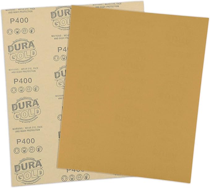 Dura-Gold Premium 9" x 11" Gold Sandpaper Sheets, 400 Grit (Box of 10) - Wood Furniture Woodworking, Automotive Paint, Full-Size Cut to Use on 1/4, 1/3, 1/2 Sheet Finishing Sanders, Hand Sanding Block