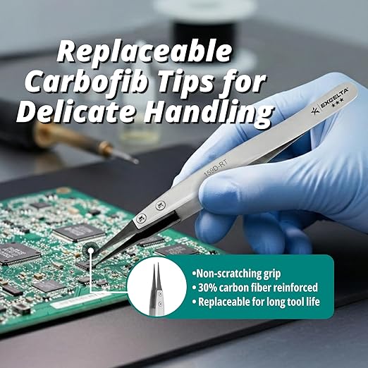 Excelta 159D-RT Precision Tweezers, Replaceable Carbofib Tips for Delicate Electronics, Straight Tip, Anti-Magnetic Neverust Stainless Steel Construction, ESD Safe, Heat Resistant, 5 Inch