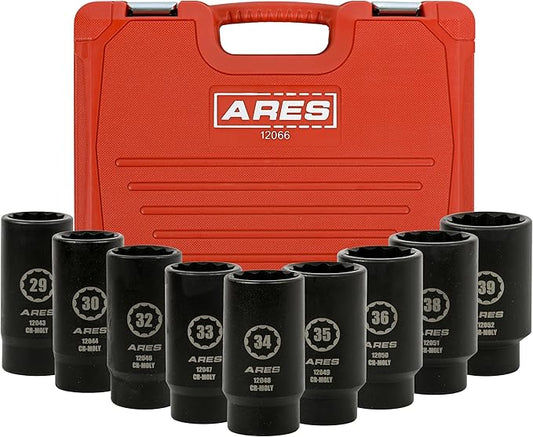 ARES 12066-9-Piece Axle Nut Socket Set - 29-39mm Axle Nut Sockets - 12 Point Sockets - Extra Deep 1/2-Inch Drive Impact Socket for Easy Removal of Axle Shaft Nuts