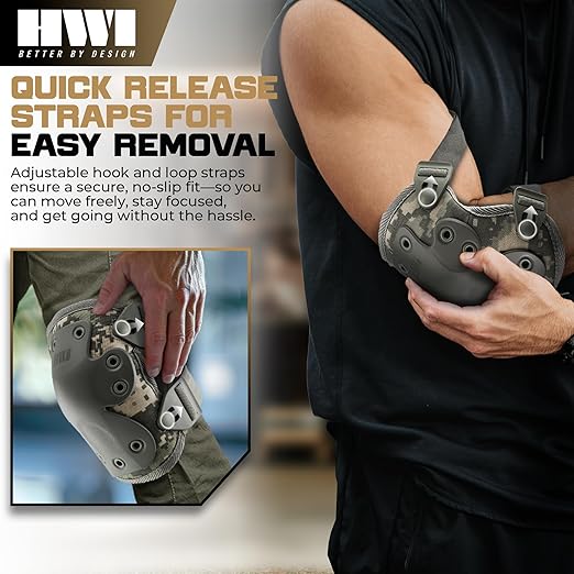 HWI Gear Next Generation Elbow/Knee Pads for Protection: Combat, Mechanics, Construction, Hunting, Landscaping, Outdoor Survival, Heavy Duty Industrial Grade, Adjustable