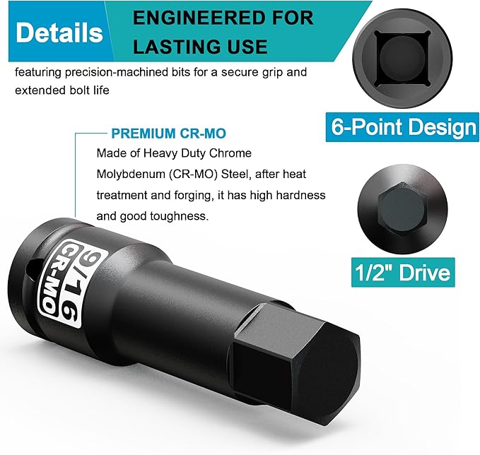 1/2" Drive H9/16-Inch Impact Hex Bit Socket, SAE Allen Bit Socket, Cr-Mo Steel, Removing Loosening Hexagon Bolts