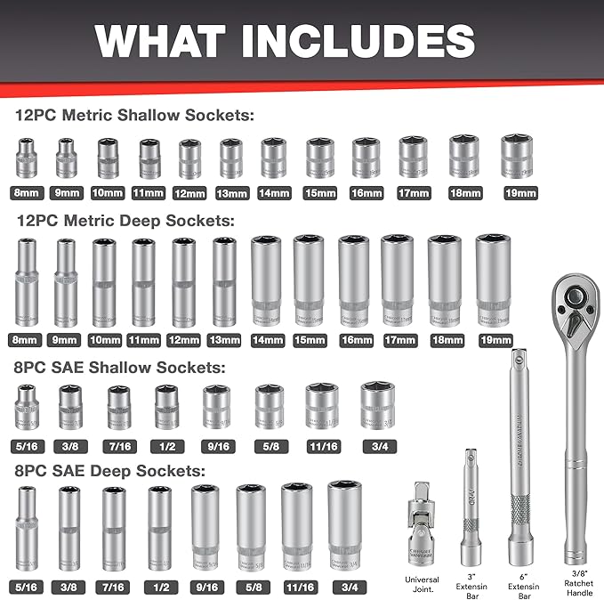 44pcs 3/8" Drive Impact Socket Set,Drive Master Socket Set,SAE/Metric, Deep & Shallow with 3/8" Drive Head Ratchet,Universal Joint,Extension bar (3??& 6??,6 Point,CR-V Steel竊똌irror Chrome