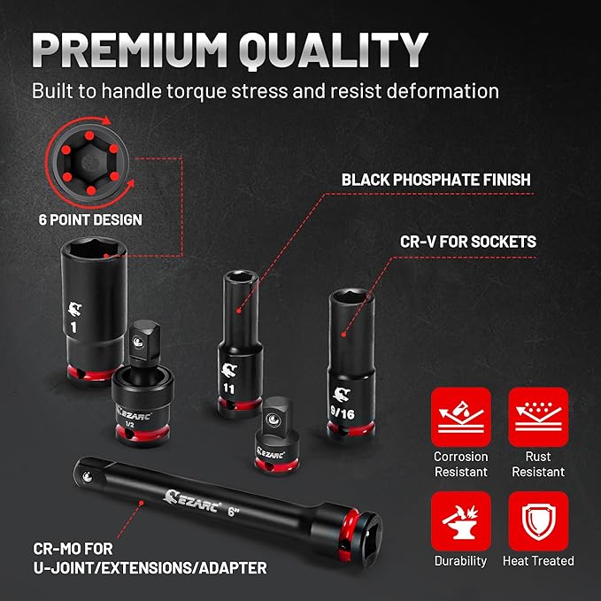 EZARC 1/2" Drive Impact Socket Set, 31-Piece SAE (3/8?? in) and Metric (10??4 mm) Deep Sockets, CR-V Material, 3/6/10 in Extensions, Universal Joint & Adapter, Storage Case