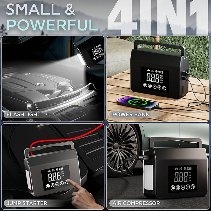 Hieha 4000A Portable Jump Starter with Air Compressor, 12V Car Battery Charger (All Gas 8L Diesel) with 150PSI Tire Inflator 15000mAh PowerBank & Quick Charge, Flashlight, emergency kit for Car, truck