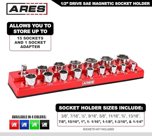 ARES 70236-16-Piece 1/2-Inch SAE Magnetic Socket Organizer - Holds 15 Sockets and 1 Socket Adapter - Keeps Your Tool Box Organized