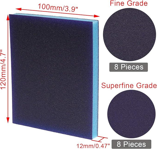 BokWin 16Pcs Sanding Sponge 120 Grit/ 220 Grit Sanding Blocks, Washable and Reusable Sand Sponge Kit (Assortment Grade, 8Pcs 320-400 Grade, 8Pcs 800-1000 Grade)