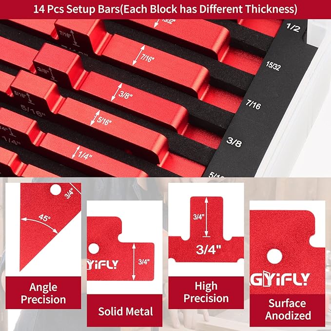 Setup Blocks Woodworking, 14pcs Aluminum Setup Blocks Height Gauge Set for Router Table Saw and Angle Measure Set up (Each Setup Bars has Different Thickness)