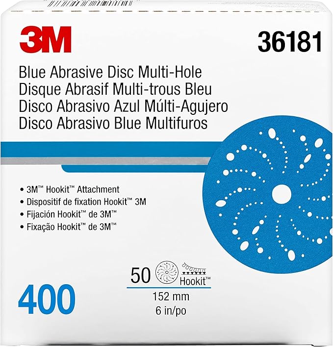3M Hookit Blue Abrasive Discs 36181, Multi-Hole, 6 in, 400+ Grade, Pack of 50, Virtually Dust-Free, for Auto Sanding, Body Repair, Featheredging, Primer Sanding, Paint Preparation, E-Coat