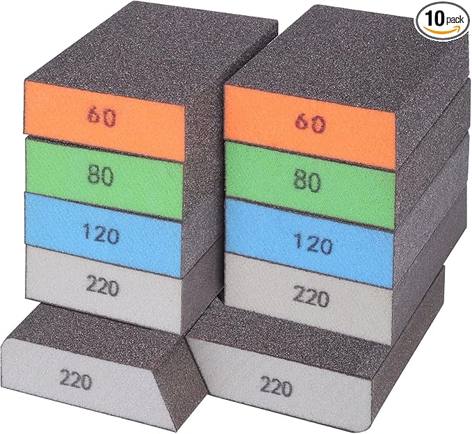 BOSHCRFAT 10 Pack Sanding Block, Washable and Reusable Sanding Sponge for Wood Drywall Metal Glasses Coarse/Medium/Fine/Superfine in 60/80/100/120/180/220 Grit Sandpaper Block Sand Paper Brick