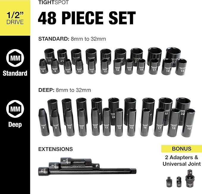 TIGHTSPOT 1/2 inch Drive 48pc Impact Socket Metric Master Set, our Most Complete Metric Set Ever W/ Sizes From 8mm - 32mm, Standard/Deep Sockets W/ Extension Bars & Adapters & More